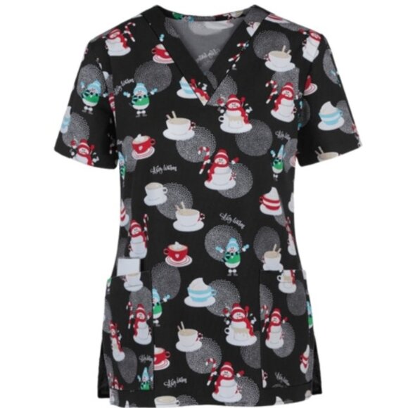 Let it Snowmen Black Printed Women's 3-Pocket V-Neck Scrub Top - Picture 1 of 6